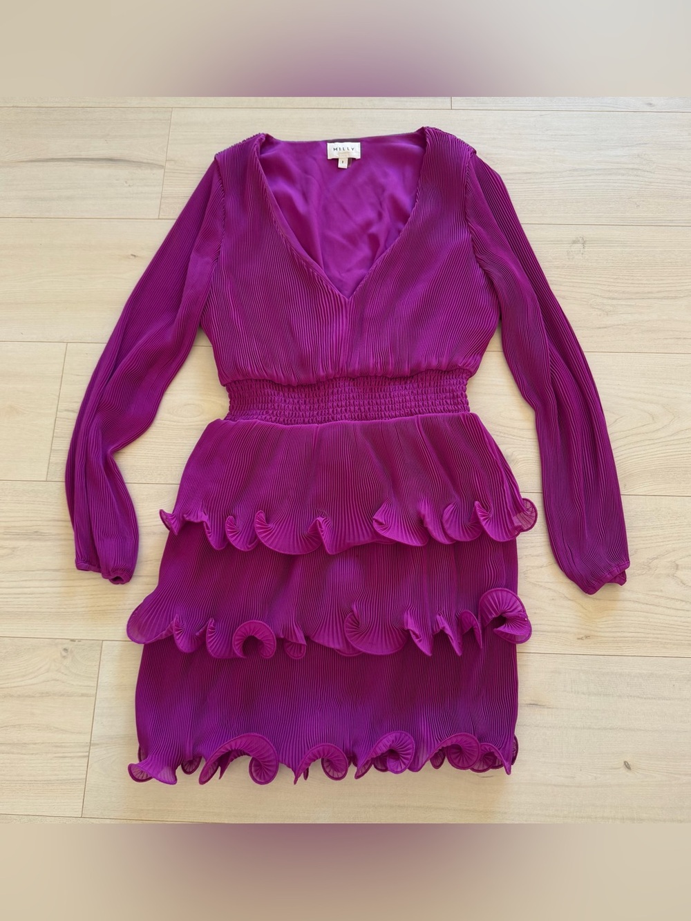 Milly Vibrant Magenta Ruffle Tiered Long-Sleeve Dress